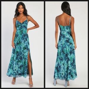 Lulus Beautiful Soul Teal Green Floral Print Twist-Front Maxi Dress